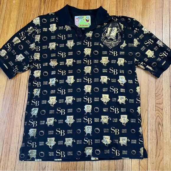 JH Design Spongebob black Gold Polo Sz XXL Shirt Nickelodeon All Over Print - Picture 1 of 6